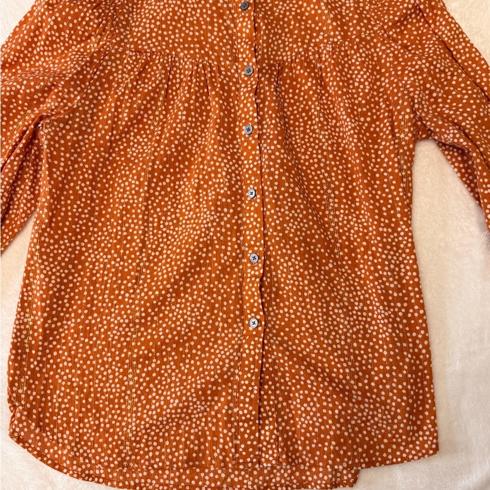 LOFT Womens Orange Dot Print Metallic Thread Long Sleeve Shirt
Size XSmall NEW - Picture 5 of 9